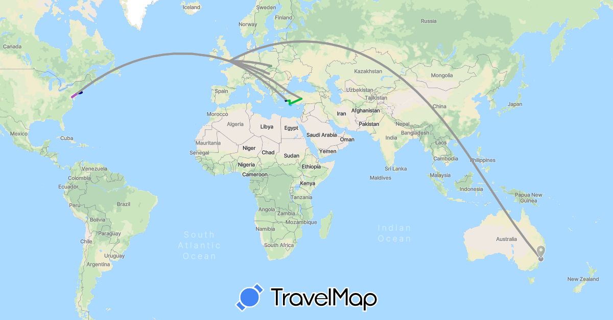 TravelMap itinerary: driving, bus, plane, train, boat in Australia, United Kingdom, Hungary, Poland, Turkey, United States (Asia, Europe, North America, Oceania)