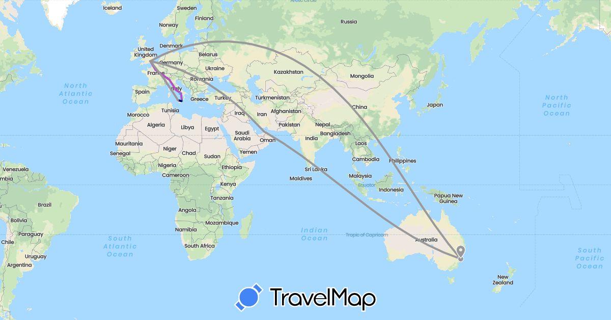 TravelMap itinerary: driving, bus, plane, train, boat in United Arab Emirates, Australia, France, United Kingdom, Italy (Asia, Europe, Oceania)