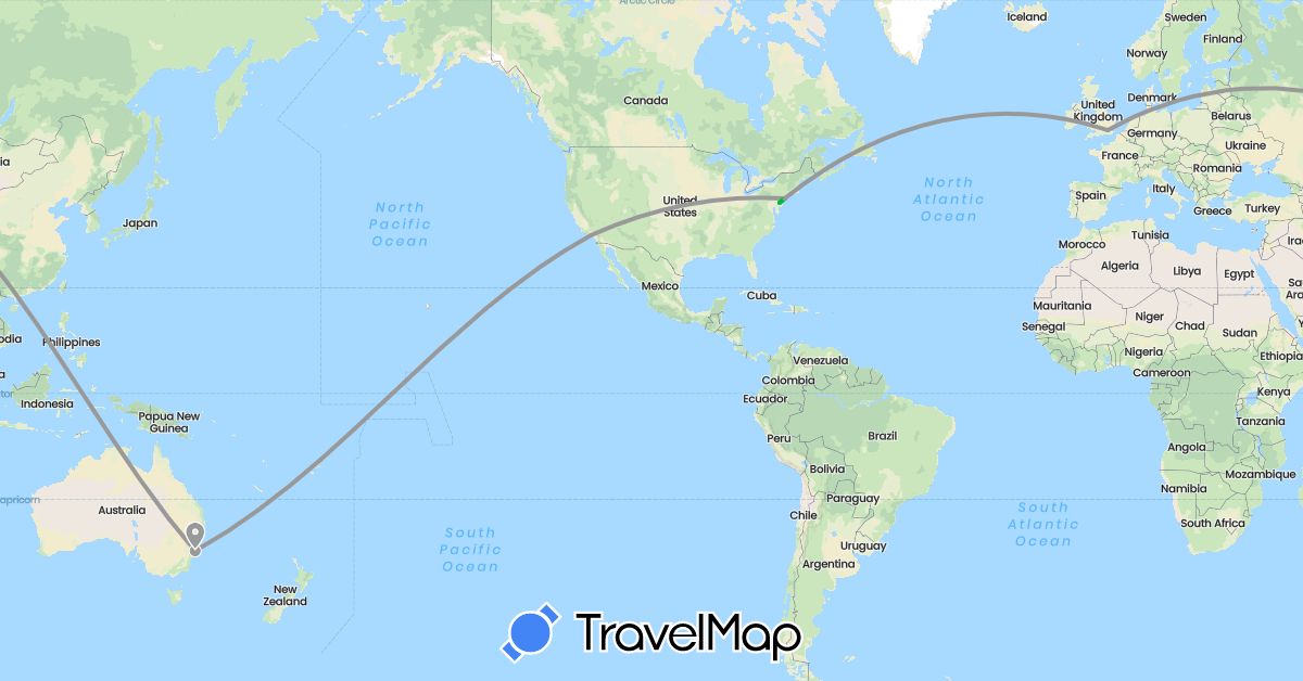 TravelMap itinerary: driving, bus, plane in Australia, United Kingdom, United States (Europe, North America, Oceania)
