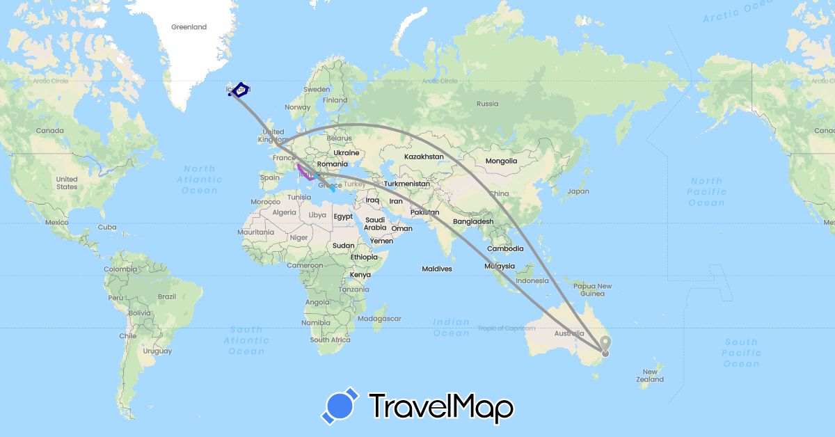 TravelMap itinerary: driving, bus, plane, train, boat in Australia, United Kingdom, Greece, Croatia, Iceland, Italy, Montenegro (Europe, Oceania)