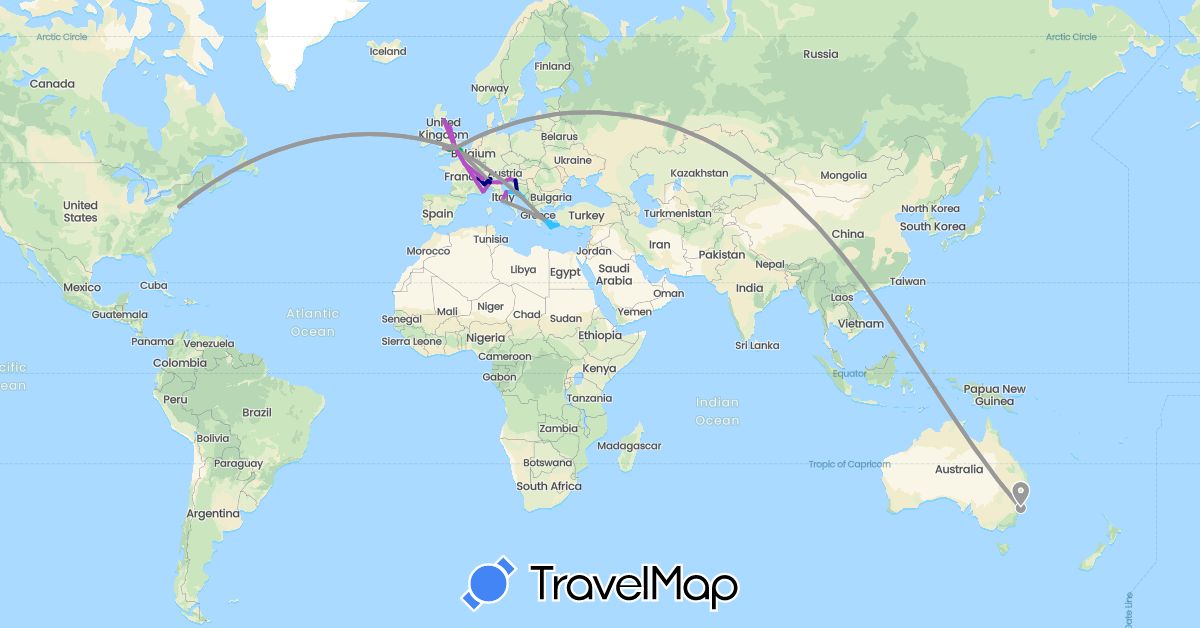 TravelMap itinerary: driving, bus, plane, train, boat in Australia, Switzerland, France, United Kingdom, Greece, Croatia, Italy, Monaco, Slovenia, United States (Europe, North America, Oceania)