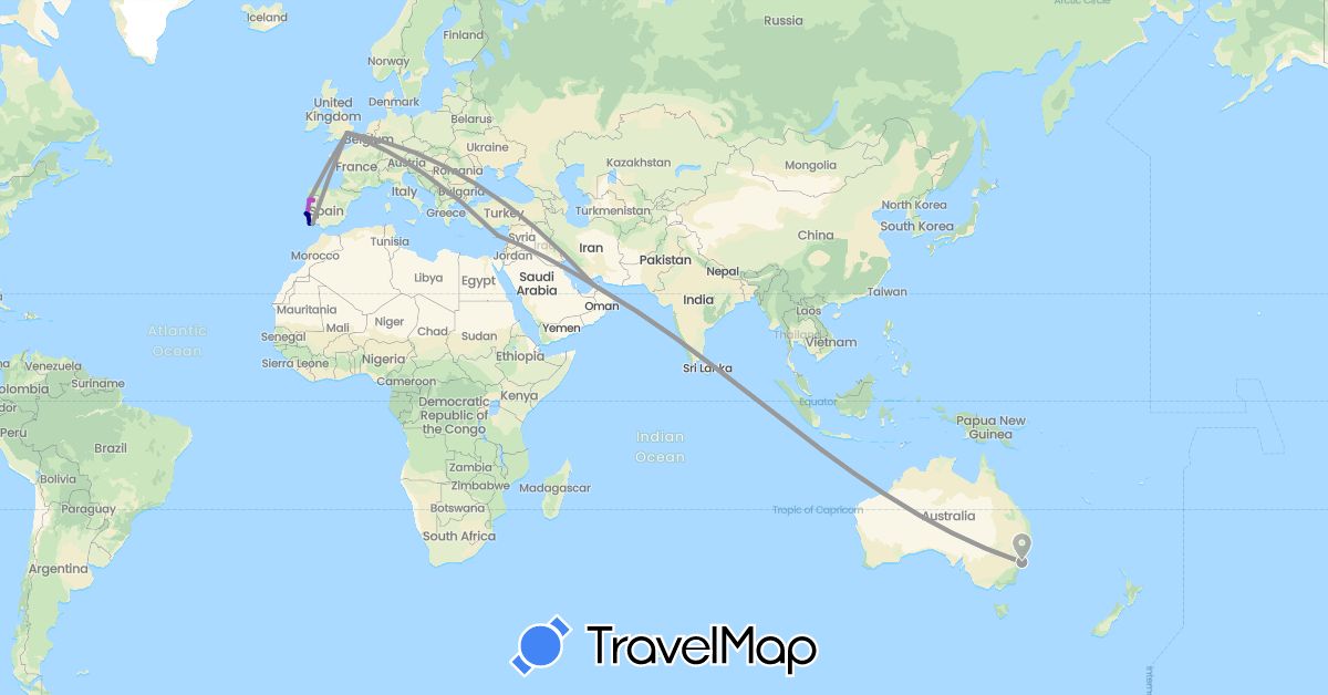TravelMap itinerary: driving, plane, train in United Arab Emirates, Australia, Cyprus, United Kingdom, Portugal (Asia, Europe, Oceania)